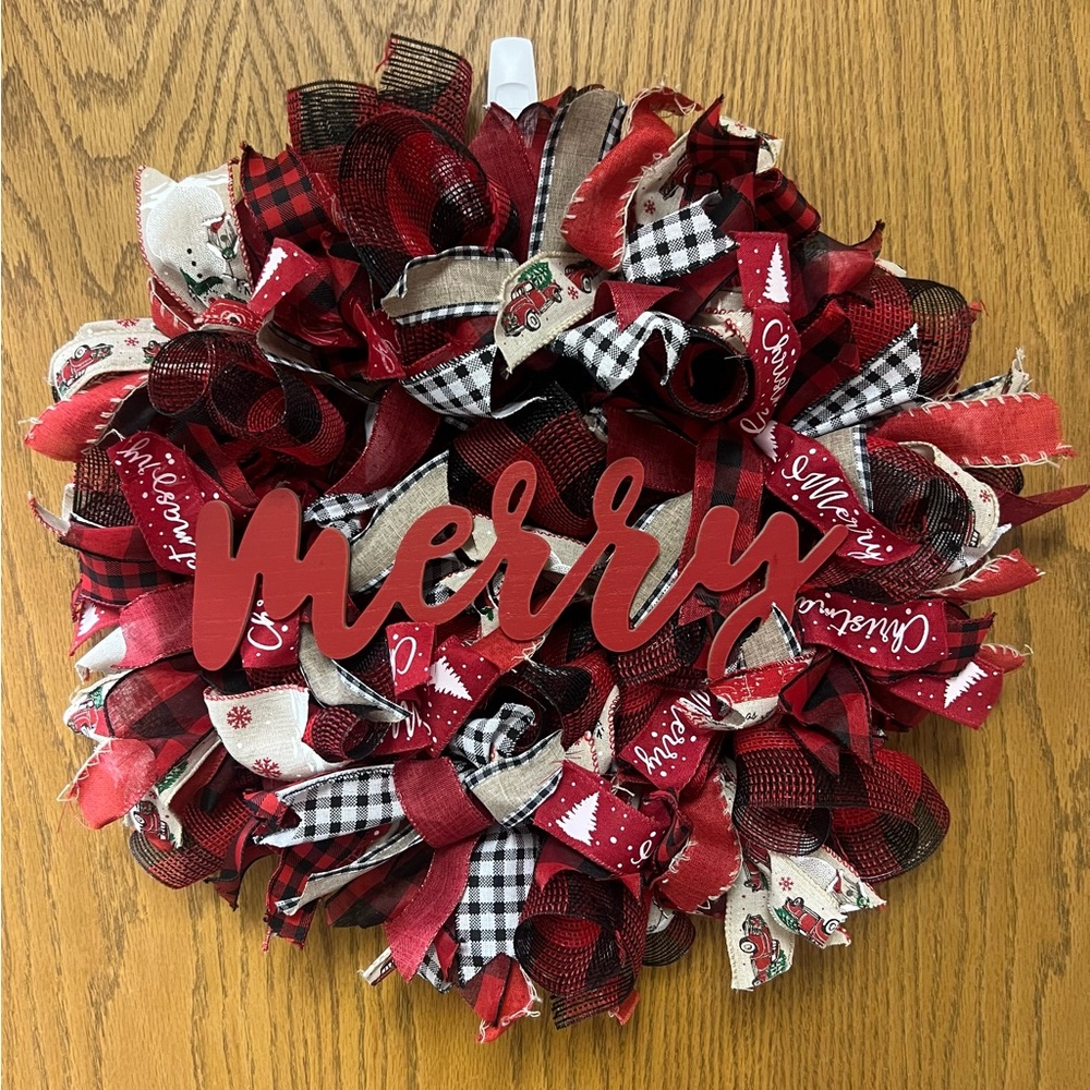 Christmas, Merry, Winter, ribbon and mesh wreath